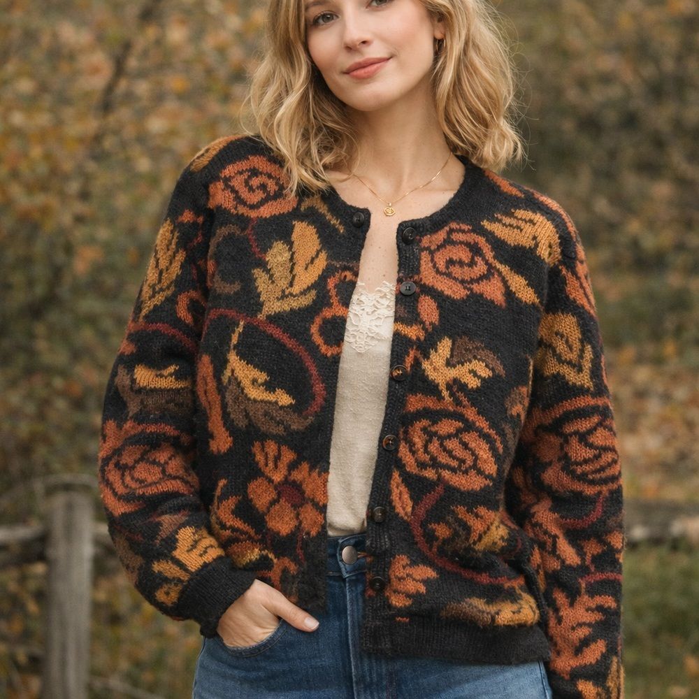 Handmade 100% Alpaca Peru Sweater Cardigan Floral Boho Fall Medium